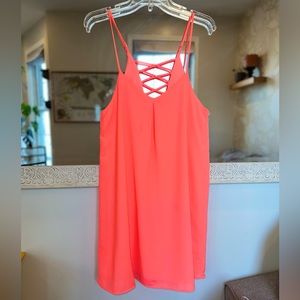 NWOT Everly Neon Pink Flowy Dress w/ Adjustable Spaghetti Straps, Criss-Cross, M